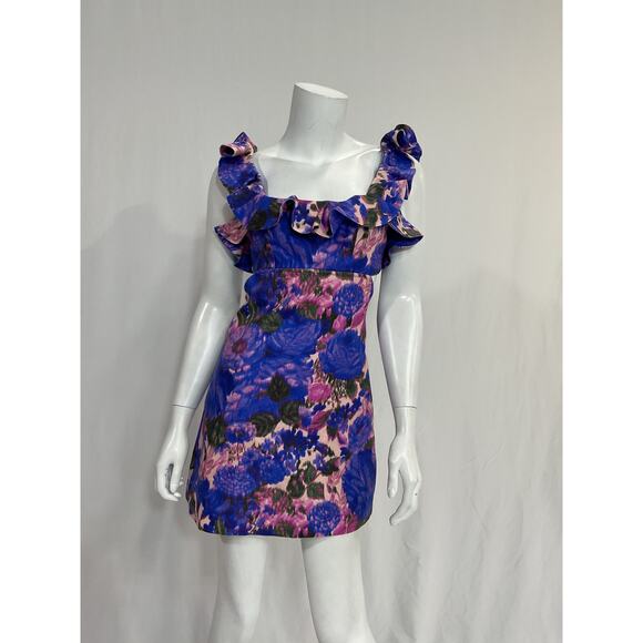 Zimmermann 'High' Purple Floral Print Tide Cut-Out Frilled Mini Dress Size 0 - Picture 2 of 5